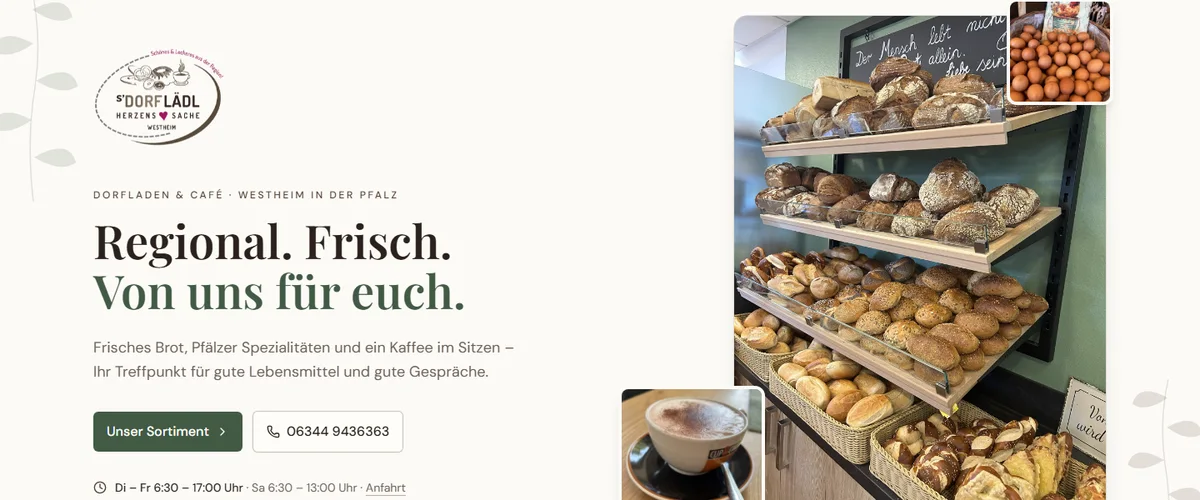 Startseite von S' Dorflädl Westheim mit Logo, Headline und Fotos aus dem Laden